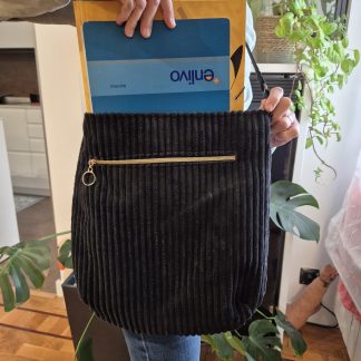 Bolso Grande de Pana Velour Negro Hecho a Mano - Gran Capacidad Universidad